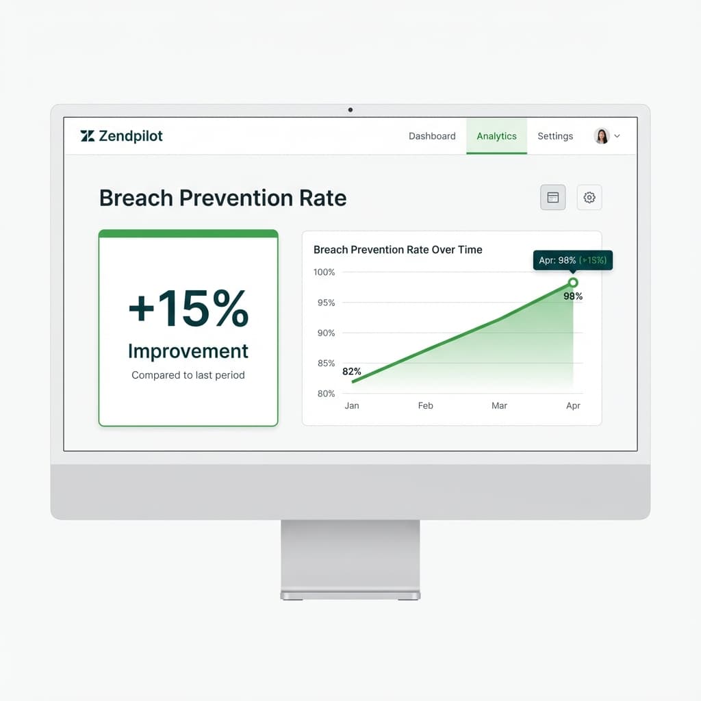 Breach Prevention Rate showing +15% improvement over time